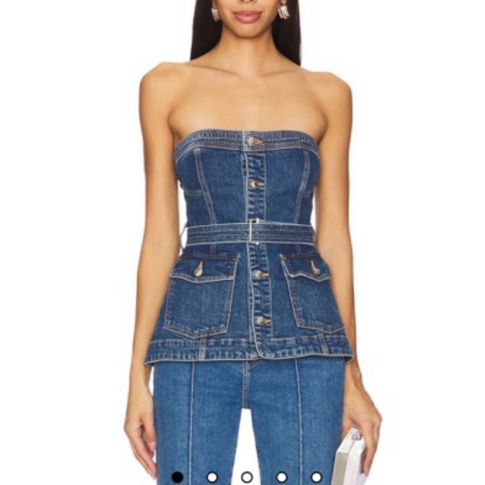 NWT Simkhai Cyan Belted Strapless Denim Bustier Top in Marine Wash‎ size 8